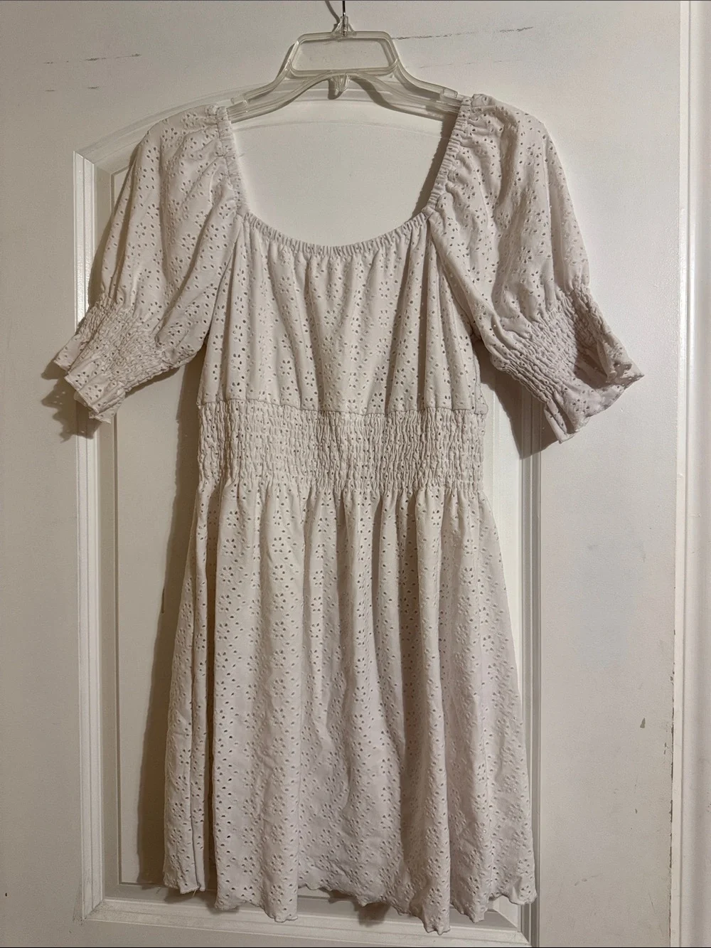 URBAN Romantics White Eyelet Smocked-Waist Puff Sleeve Dress